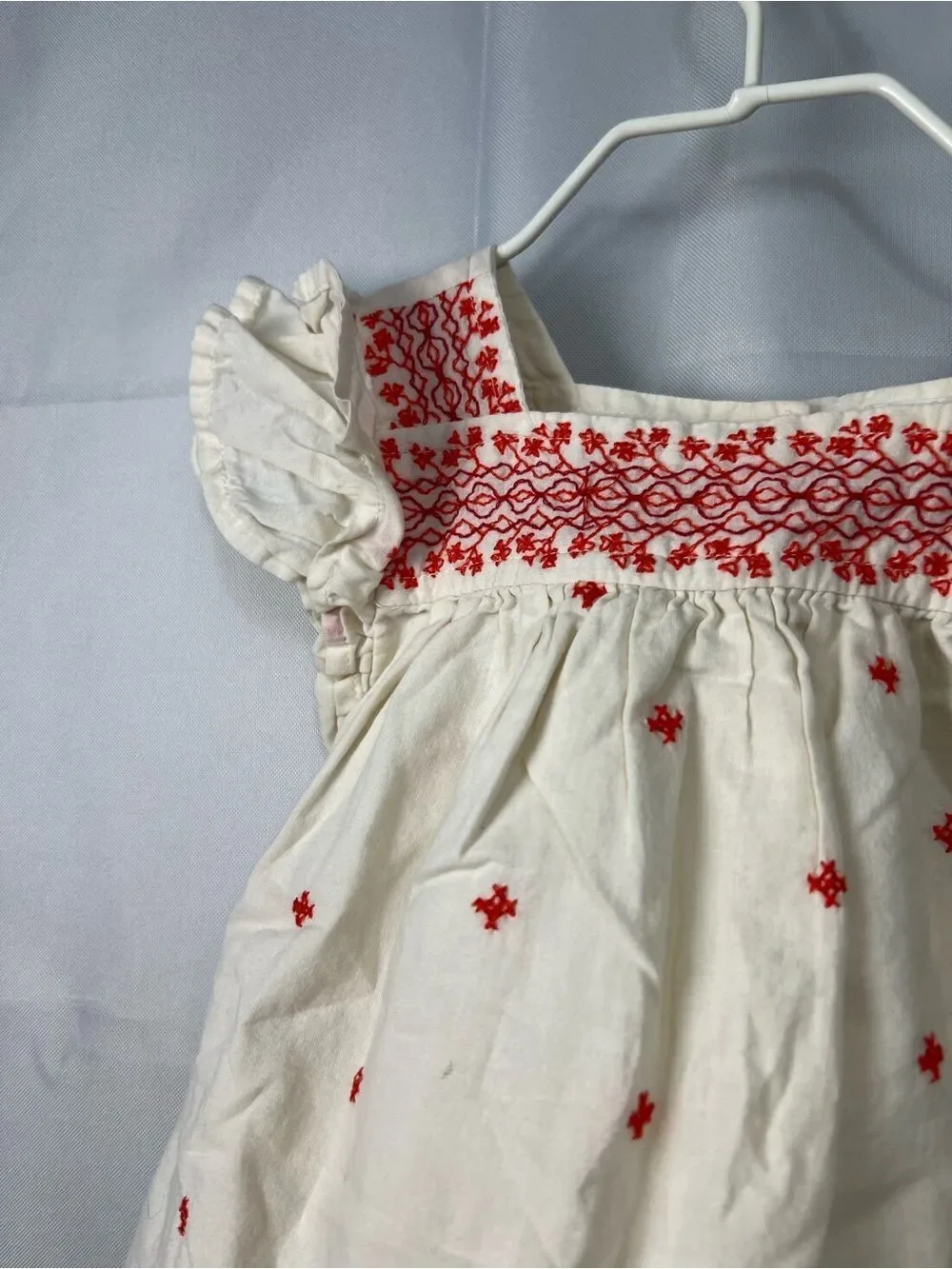 Old Navy ivory with red embroidery cotton flutter sleeve dress size 3-6 months